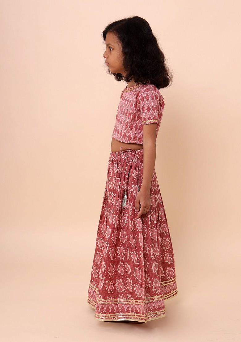 Pink Printed Cotton Blend Lehenga Choli For Girls - Indya