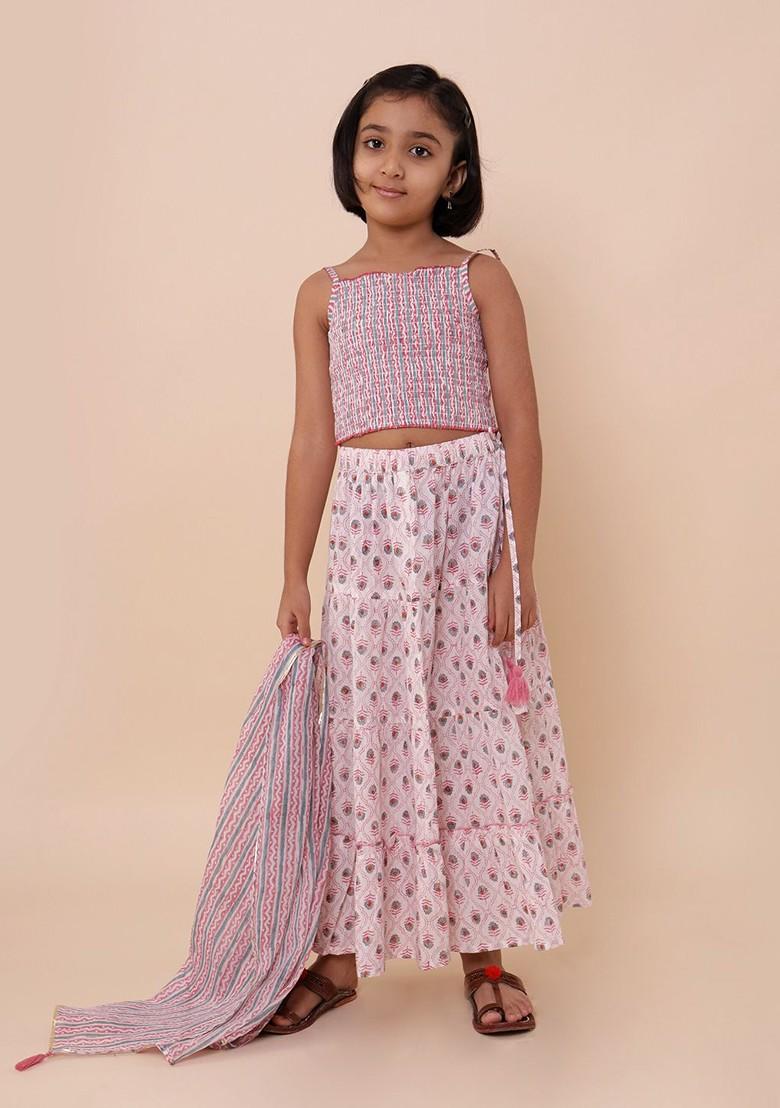 Pink Printed Cotton Blend Lehenga Choli For Girls - Indya