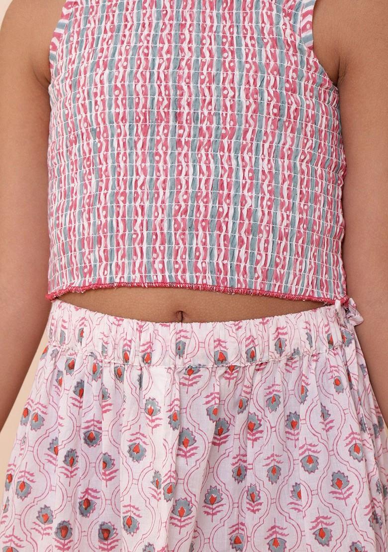 Pink Printed Cotton Blend Lehenga Choli For Girls - Indya