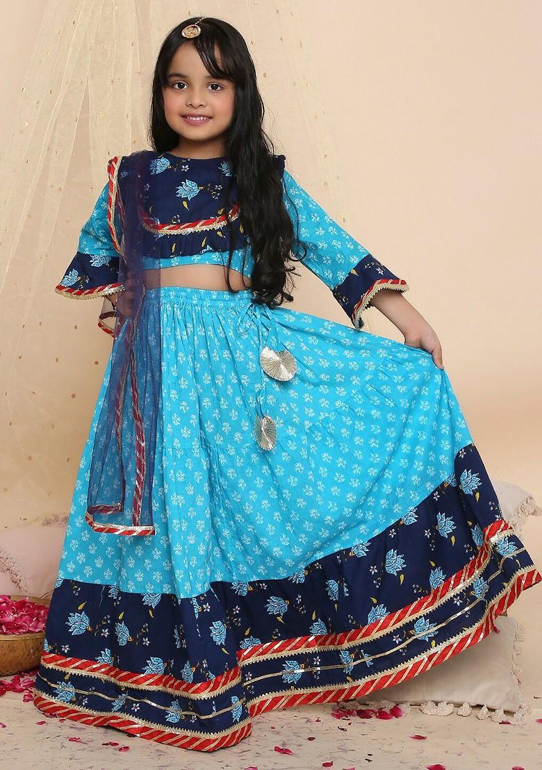 Blue Printed Cotton Blend Lehenga Choli For Girls - Indya