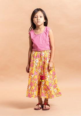 Pink Printed Cotton Blend Lehenga Choli For Girls