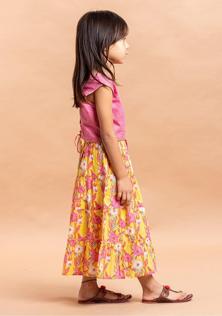 Pink Printed Cotton Blend Lehenga Choli For Girls - Indya