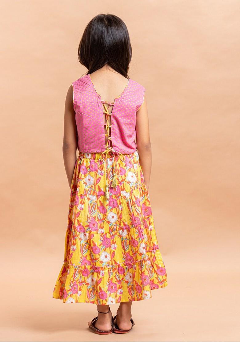 Pink Printed Cotton Blend Lehenga Choli For Girls - Indya