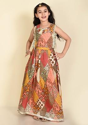 Red Printed Cotton Blend Lehenga Choli For Girls