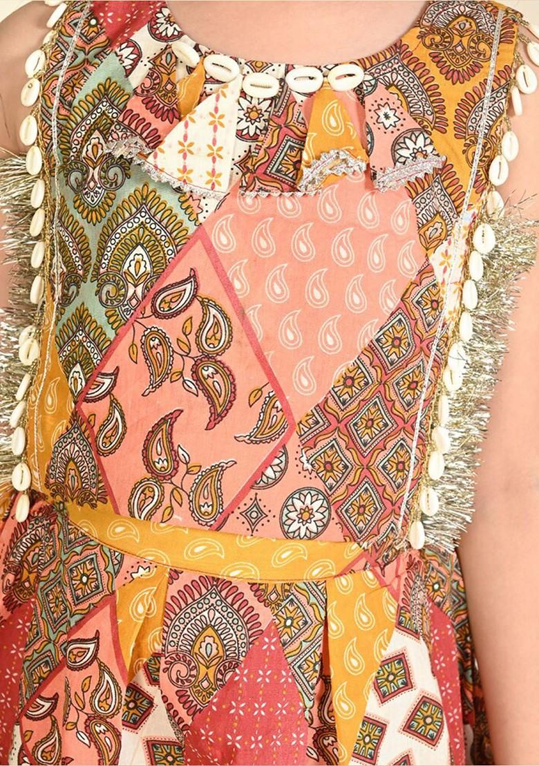 Red Printed Cotton Blend Lehenga Choli For Girls - Indya
