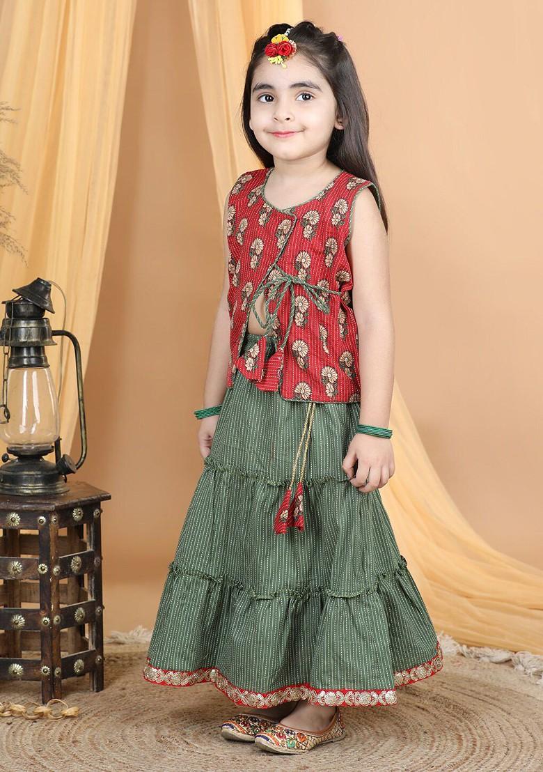 Red Printed Blended Lehenga Choli For Girls - Indya