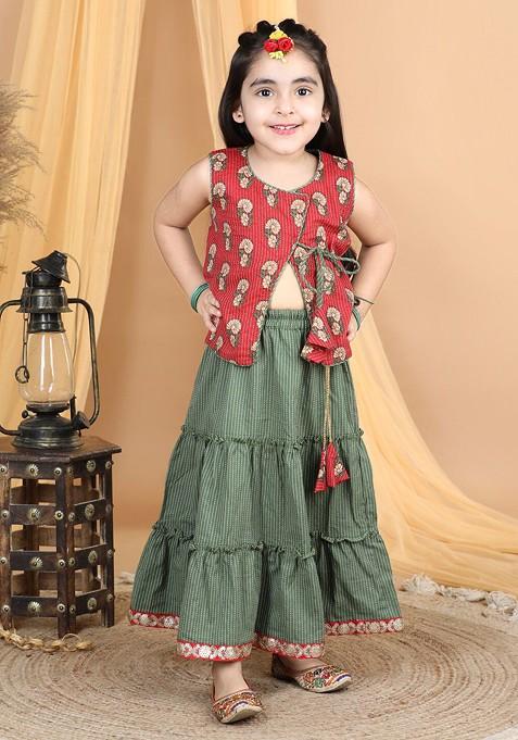 Red Printed Blended Lehenga Choli For Girls — view on Indya