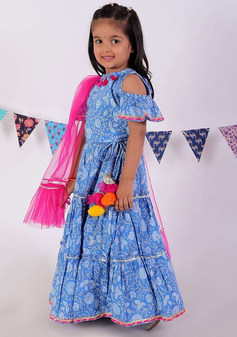 Blue Printed Cotton Blend Lehenga Choli For Girls - Indya