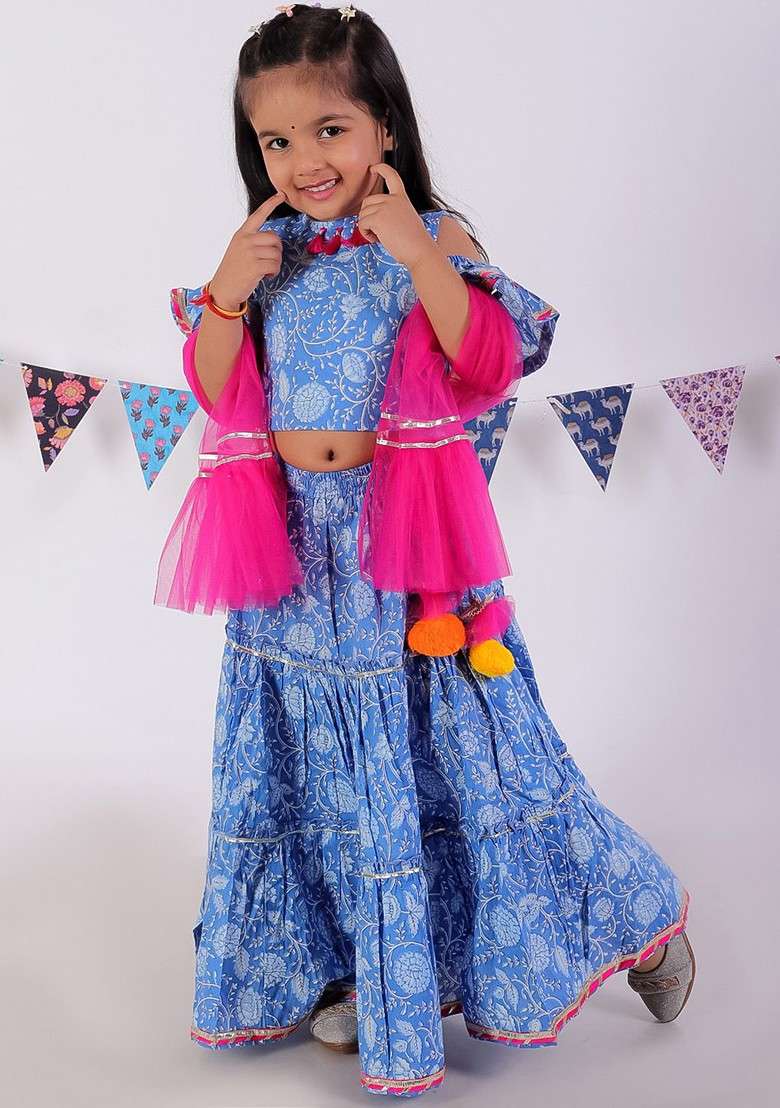 Blue Printed Cotton Blend Lehenga Choli For Girls - Indya