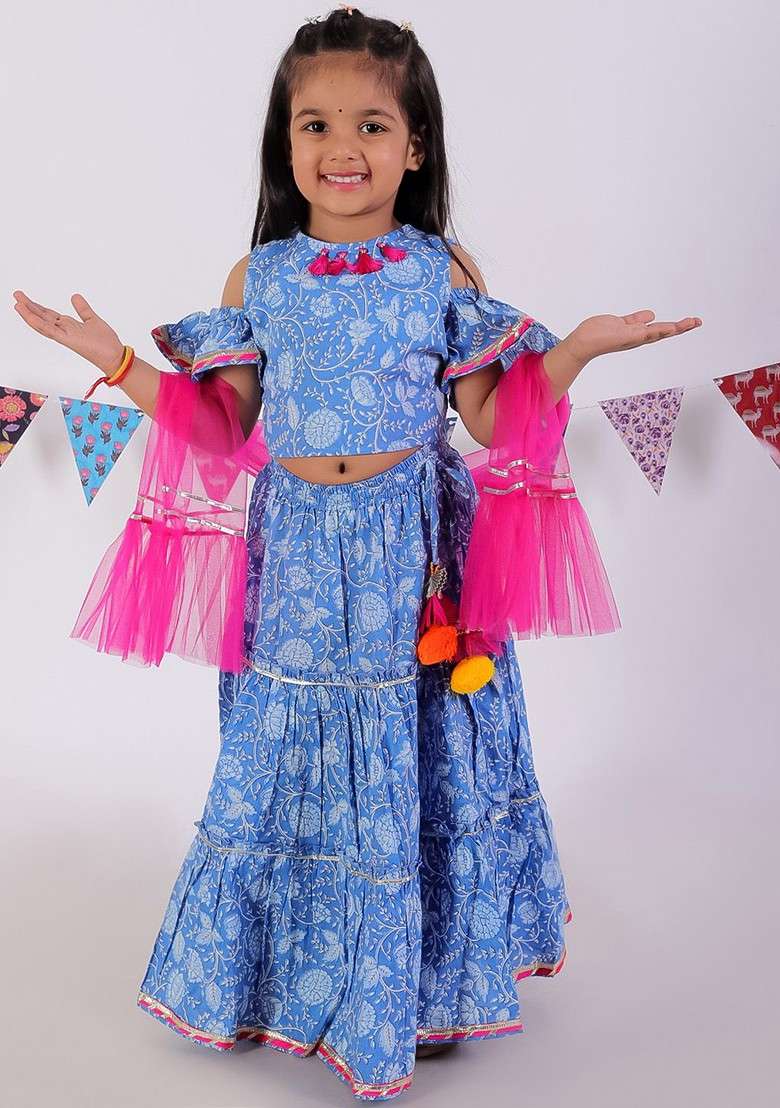 Blue Printed Cotton Blend Lehenga Choli For Girls - Indya