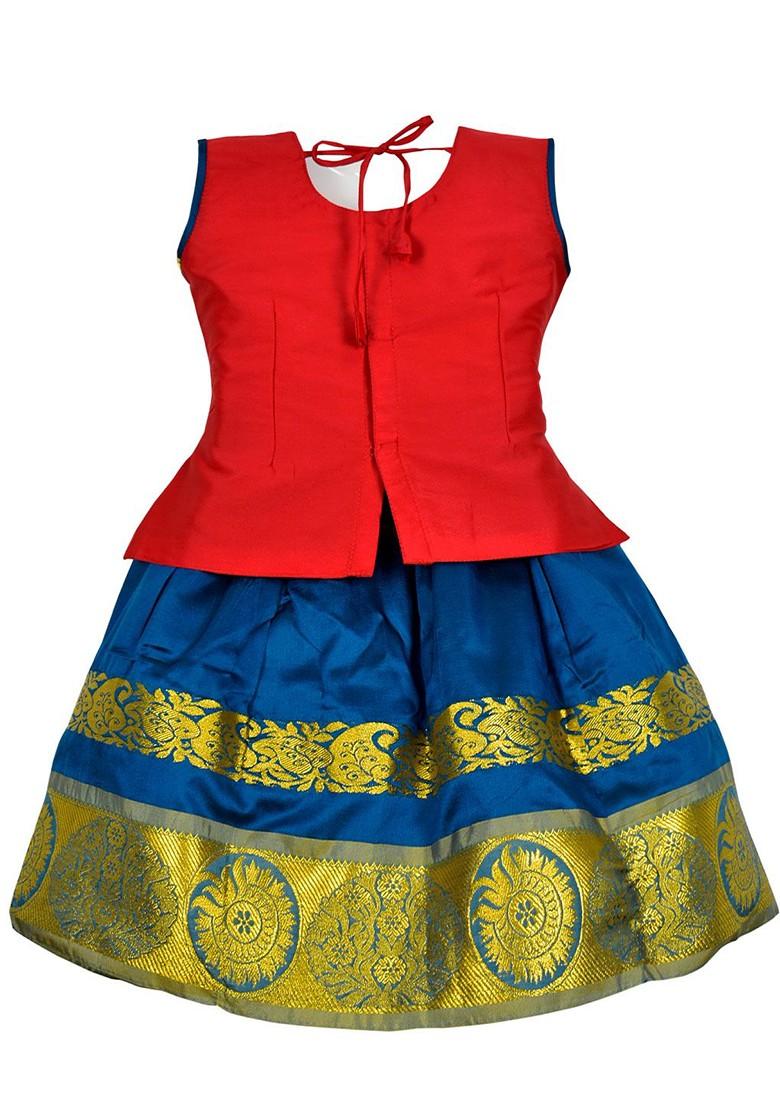 Red Embroidered Blended Lehenga Choli For Girls - Indya