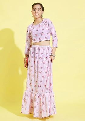 Pink Printed Cotton Blend Lehenga Choli For Girls