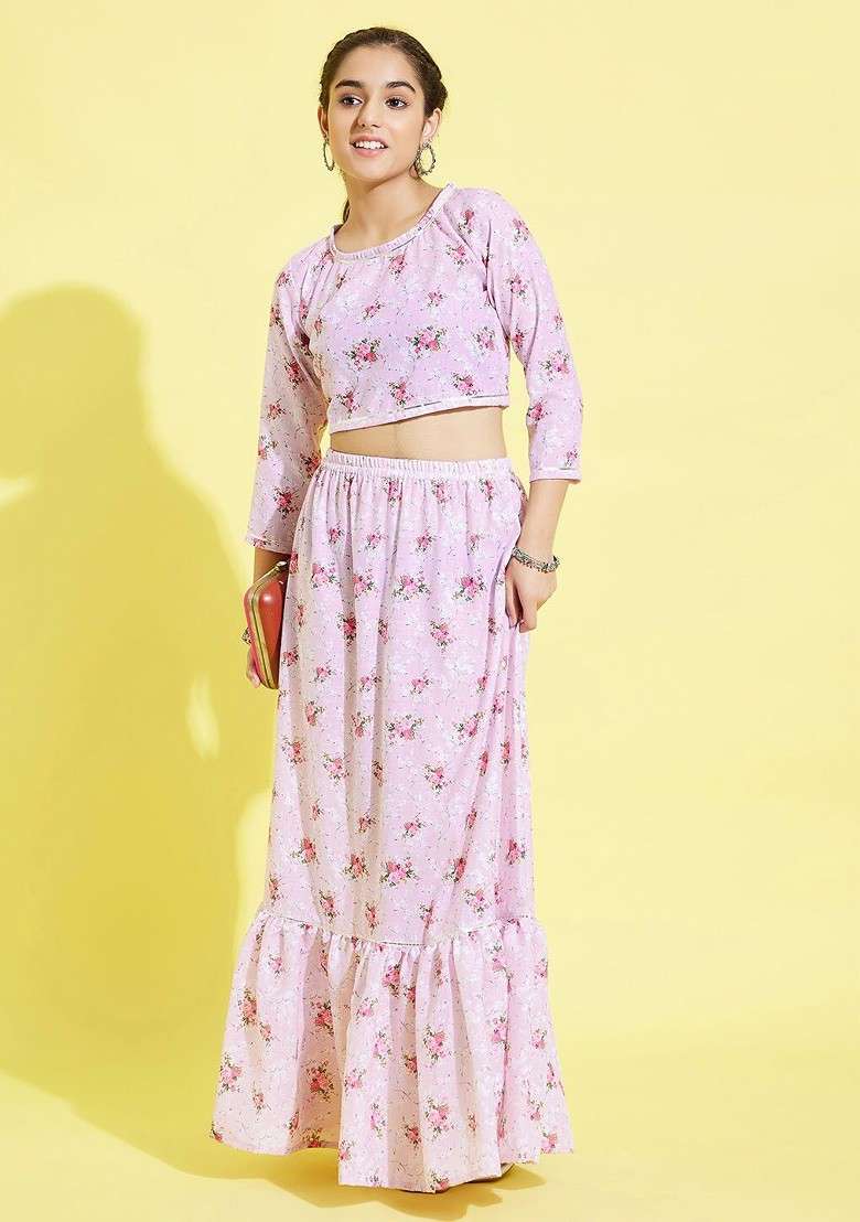 Pink Printed Cotton Blend Lehenga Choli For Girls - Indya