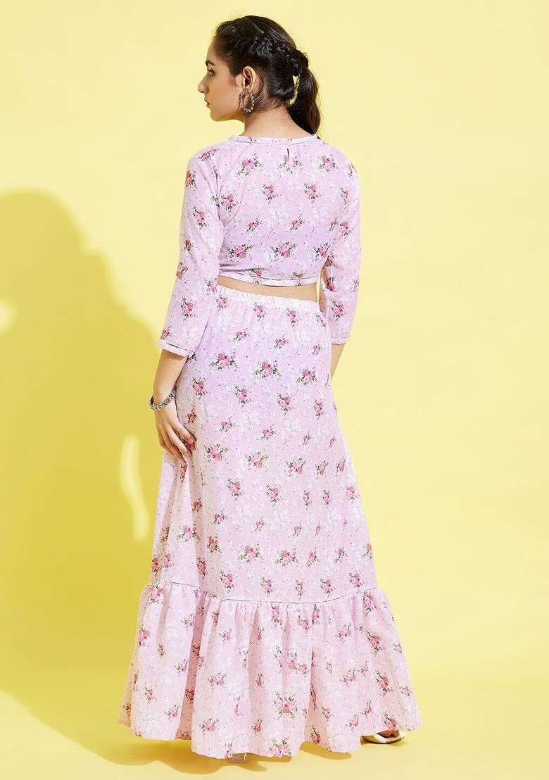 Pink Printed Cotton Blend Lehenga Choli For Girls - Indya