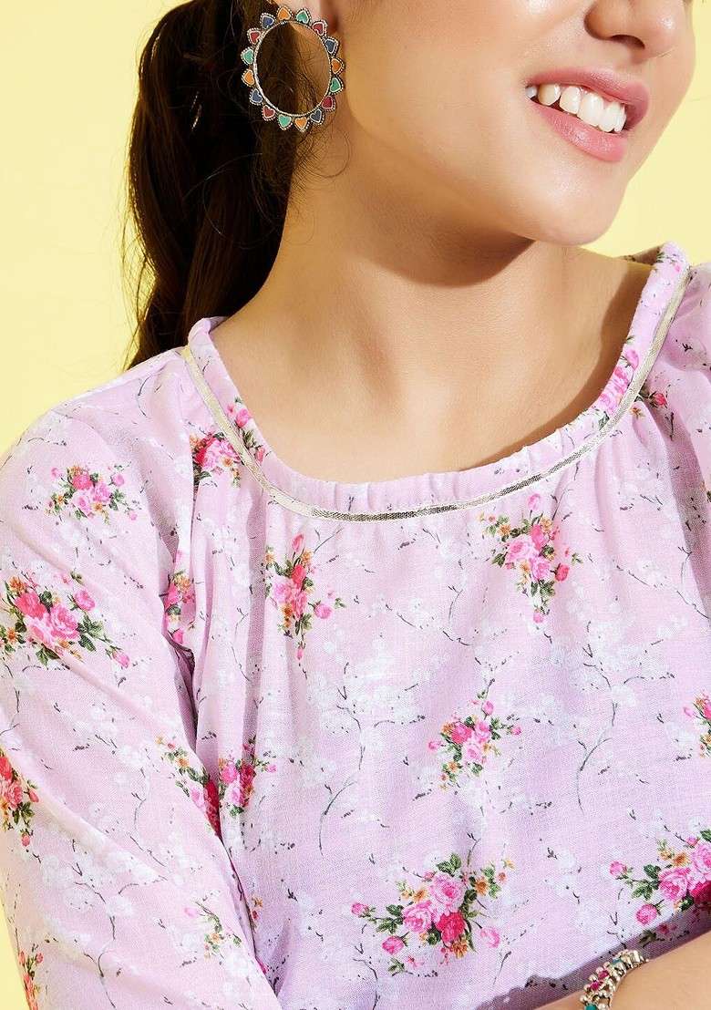 Pink Printed Cotton Blend Lehenga Choli For Girls - Indya