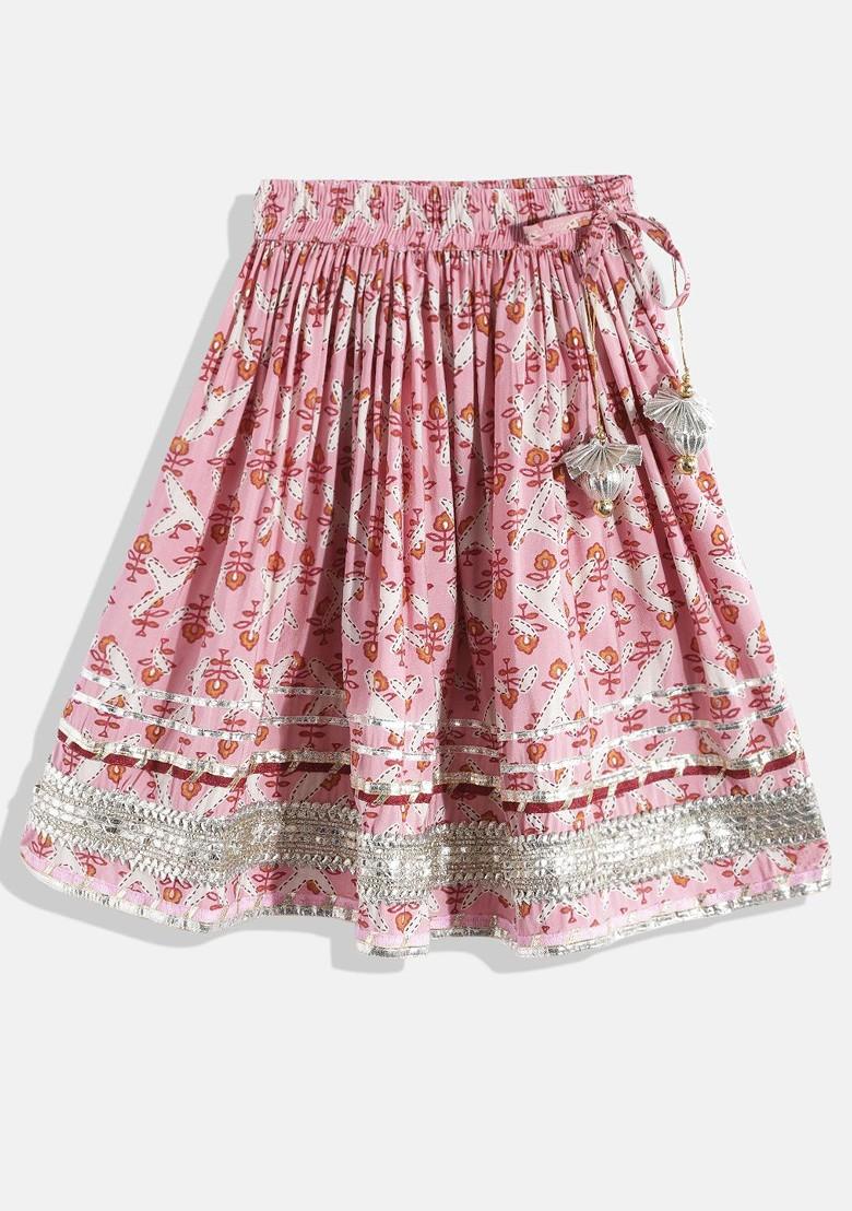 Pink Printed Blended Lehenga Choli For Girls - Indya