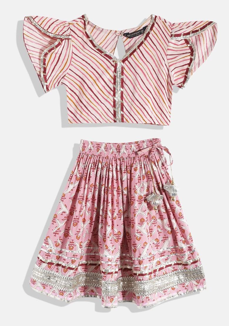 Pink Printed Blended Lehenga Choli For Girls - Indya