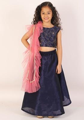 Navy Blue Embellished Blended Lehenga Choli For Girls