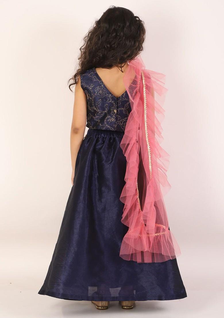 Navy Blue Embellished Blended Lehenga Choli For Girls - Indya