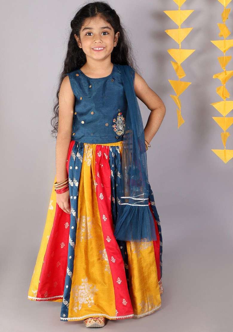 Blue Embellished Blended Lehenga Choli For Girls - Indya
