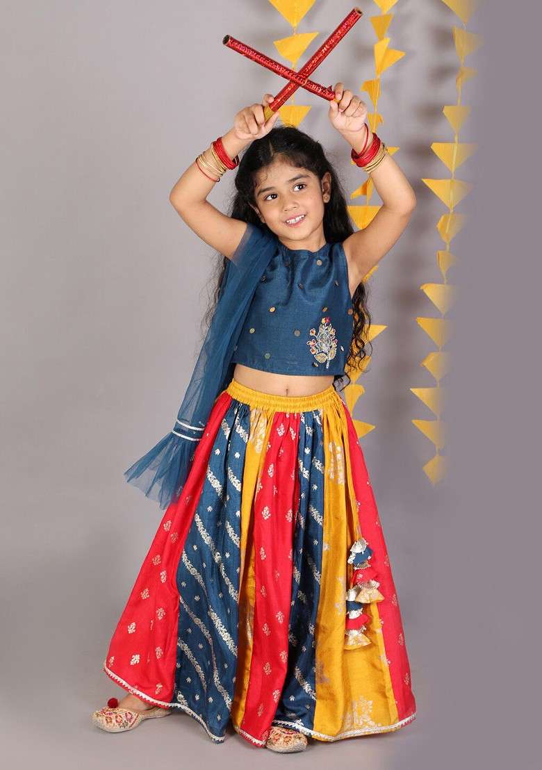 Blue Embellished Blended Lehenga Choli For Girls - Indya