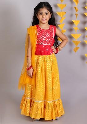 Red Embellished Blended Lehenga Choli For Girls