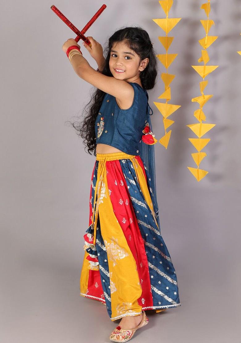 Blue Embellished Blended Lehenga Choli For Girls - Indya