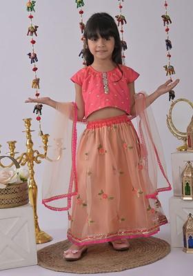 Peach Printed Blended Lehenga Choli For Girls