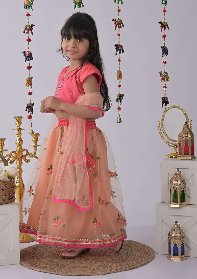 Peach Printed Blended Lehenga Choli For Girls - Indya
