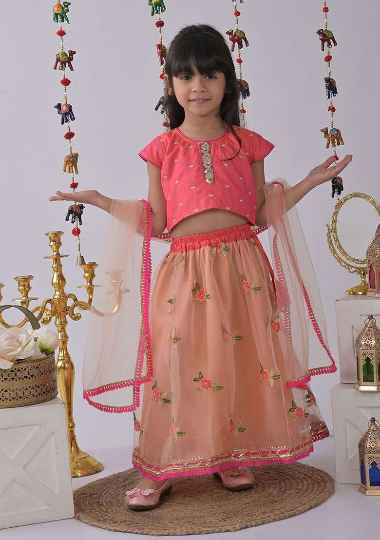 Peach Printed Blended Lehenga Choli For Girls - Indya