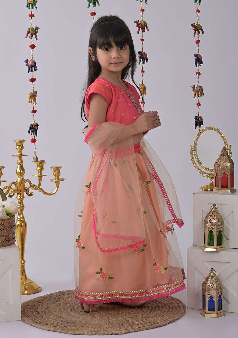 Peach Printed Blended Lehenga Choli For Girls - Indya
