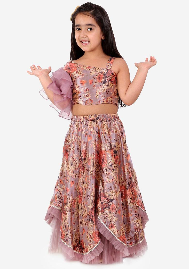 Peach Printed Blended Lehenga Choli For Girls - Indya