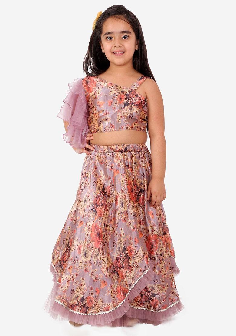 Peach Printed Blended Lehenga Choli For Girls - Indya