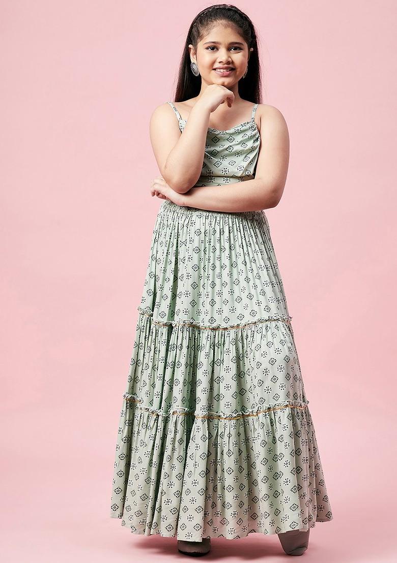 Green Printed Cotton Blend Lehenga Choli For Girls - Indya