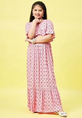 Pink Printed Cotton Blend Lehenga Choli For Girls