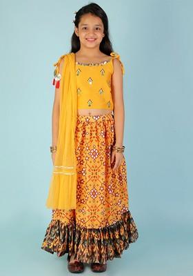 Yellow Embellished Blended Lehenga Choli For Girls