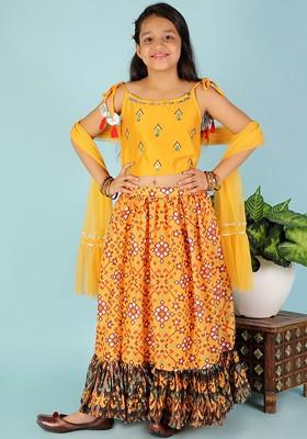 Yellow Embroidered Blended Lehenga Choli For Girls