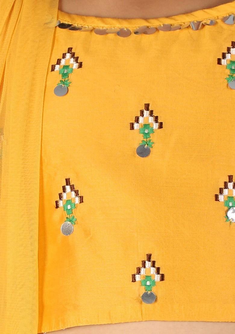 Yellow Embroidered Blended Lehenga Choli For Girls - Indya
