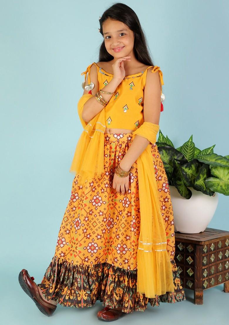 Yellow Embroidered Blended Lehenga Choli For Girls - Indya