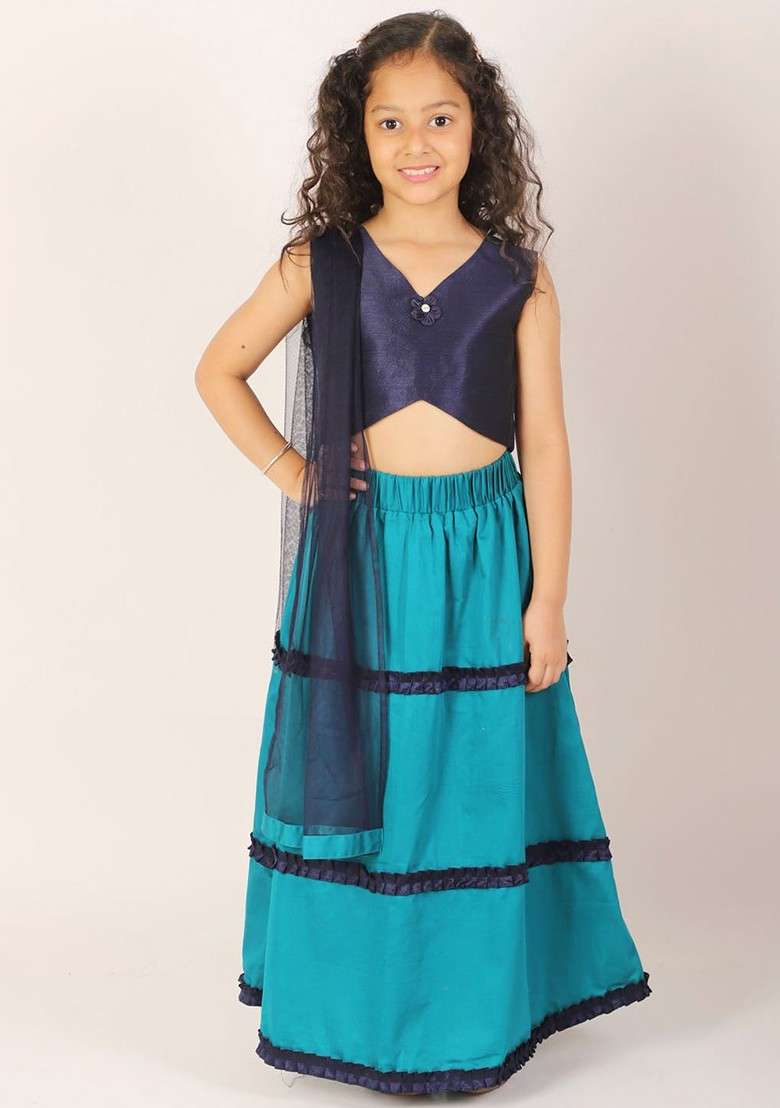 Turquoise Blue Embellished Blended Lehenga Choli For Girls - Indya