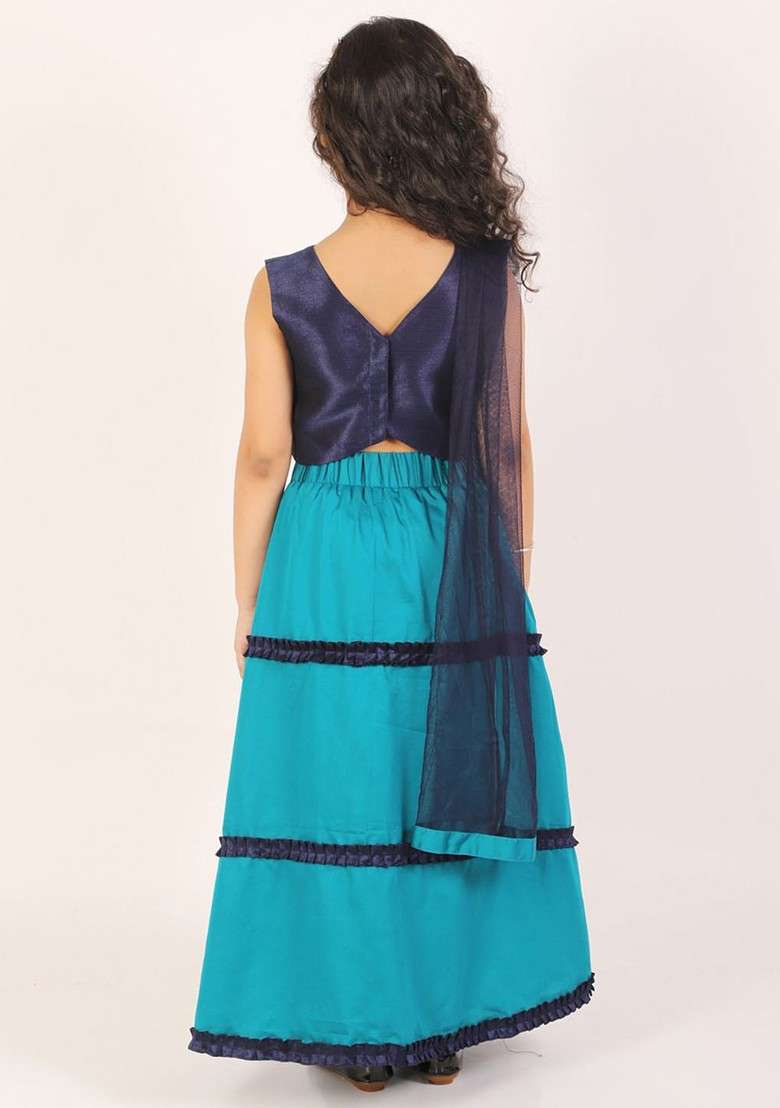 Turquoise Blue Embellished Blended Lehenga Choli For Girls - Indya