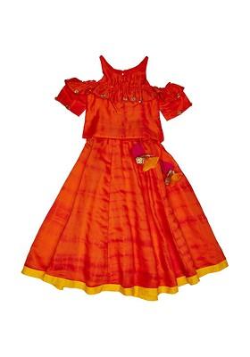 Orange Embroidered Blended Lehenga Choli For Girls