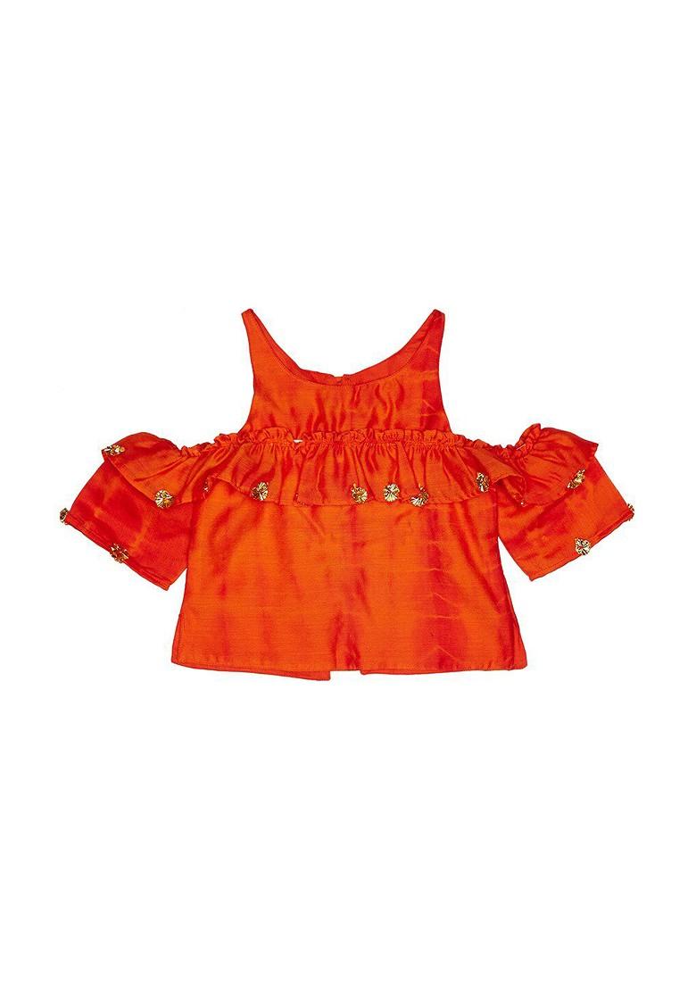 Orange Embroidered Blended Lehenga Choli For Girls - Indya