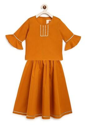 Mustard Embroidered Cotton Blend Lehenga Choli For Girls