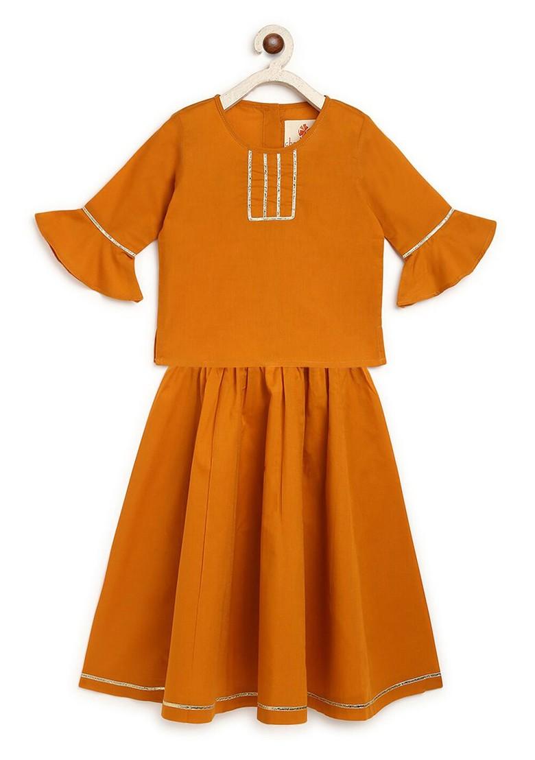 Mustard Embroidered Cotton Blend Lehenga Choli For Girls - Indya