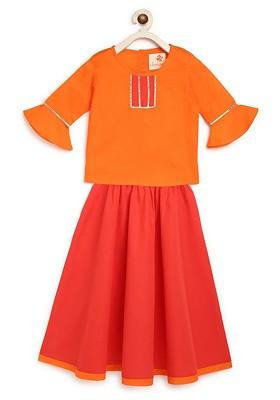 Orange Embroidered Blended Lehenga Choli For Girls
