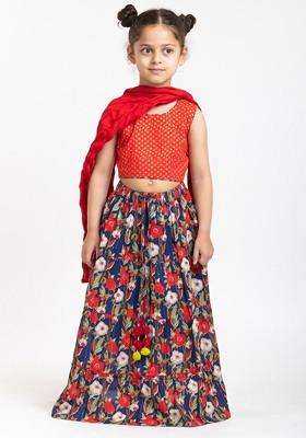 Red Printed Blended Lehenga Choli For Girls