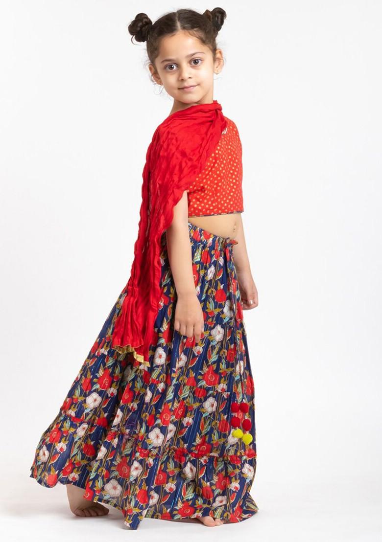 Red Printed Blended Lehenga Choli For Girls - Indya