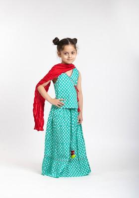 Sea Green Printed Blended Lehenga Choli For Girls