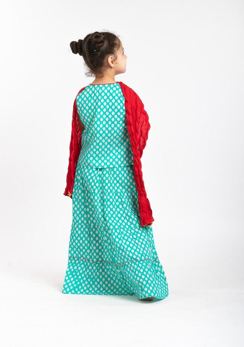 Sea Green Printed Blended Lehenga Choli For Girls - Indya